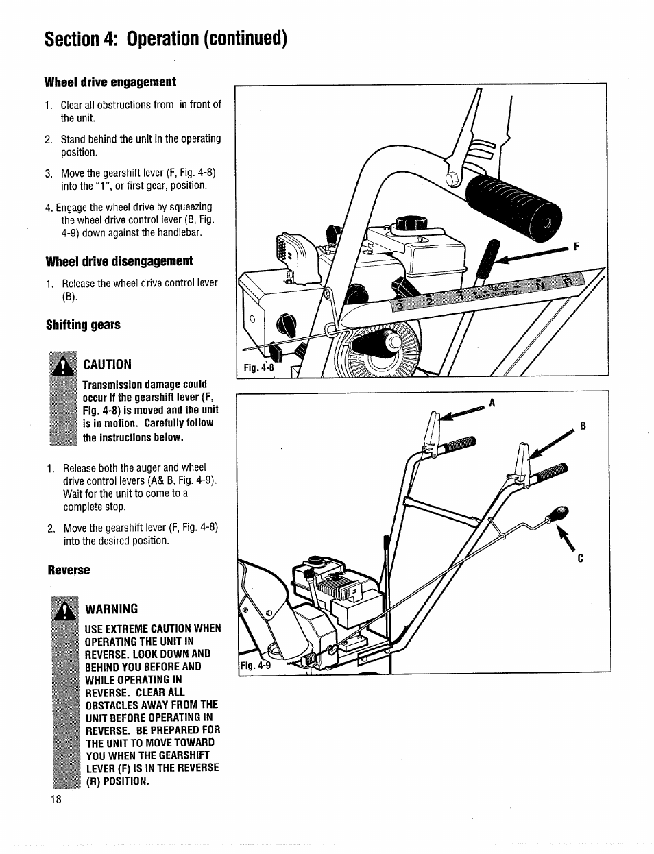 Wheel drive engagement, Wheel drive disengagement, Shifting gears | Caution, Reverse, Warning | Troy-Bilt 42000 User Manual | Page 18 / 32
