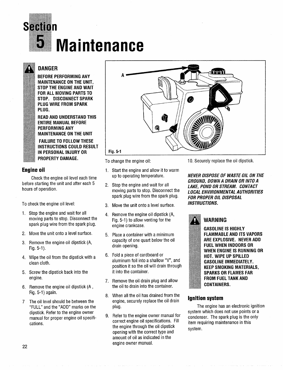 5 maintenance, Engine oil, Ignition system | Engine oil ignition system | Troy-Bilt 42000 User Manual | Page 22 / 32