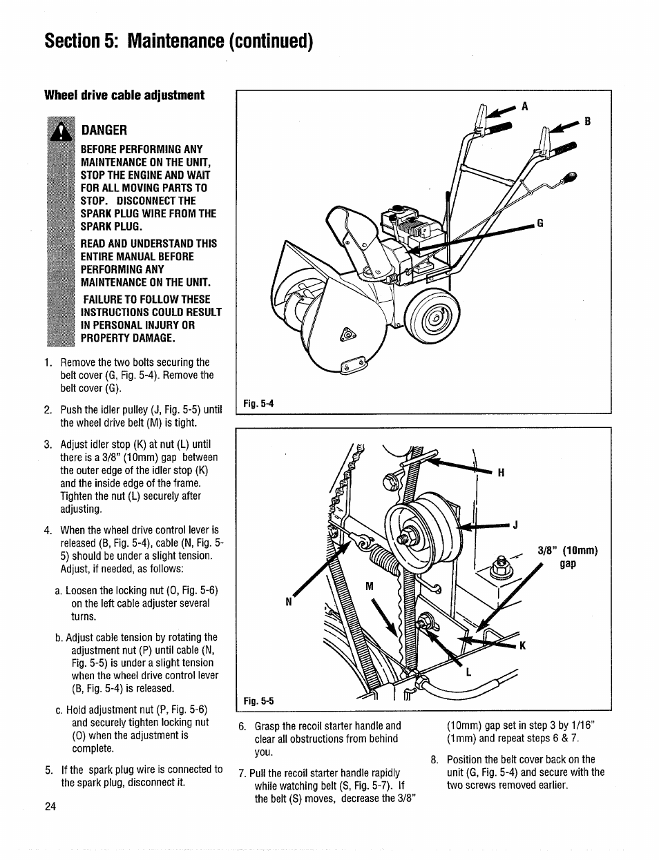 Wheel drive cable adjustment danger, Wheel drive cable adjustment | Troy-Bilt 42000 User Manual | Page 24 / 32