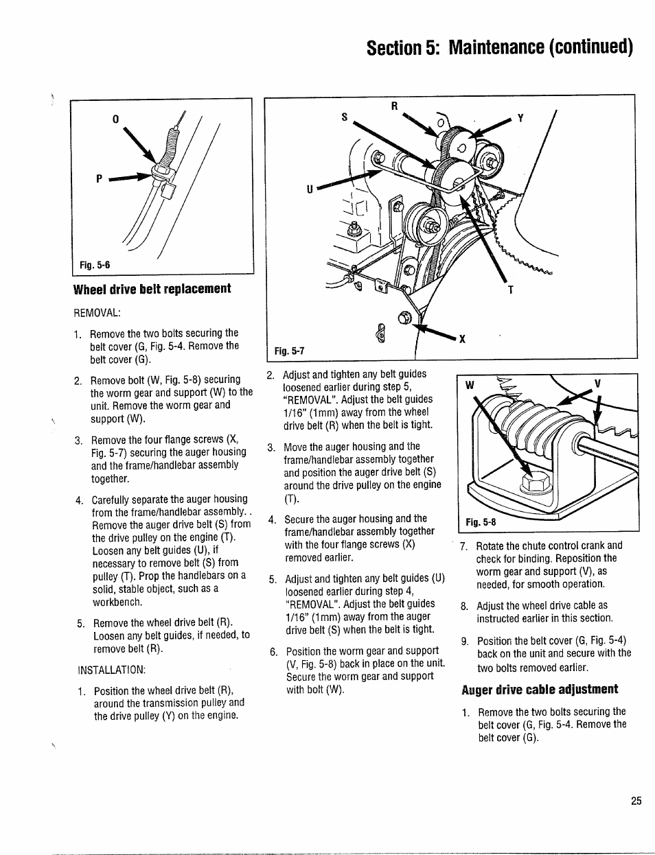 Wheel drive belt replacement, Auger drive cable adjustment | Troy-Bilt 42000 User Manual | Page 25 / 32
