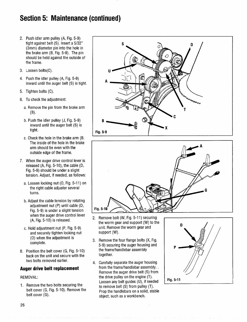 Auger drive belt replacement, Auger drive bel t replacement | Troy-Bilt 42000 User Manual | Page 26 / 32