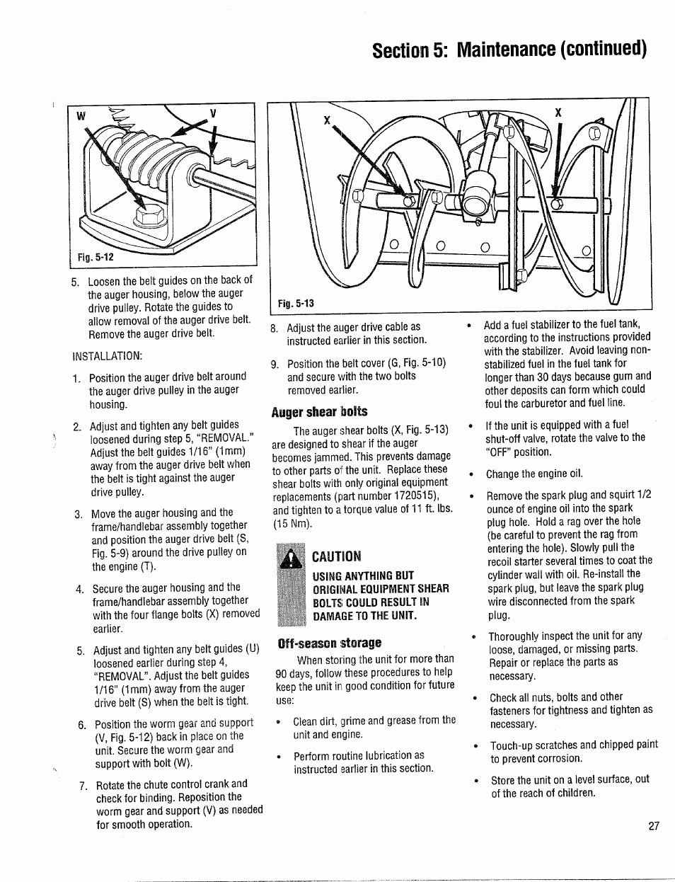 Auger shear bolts, Caution, Off-season storage | Off season storage, Sectíoo 5: maintenance (continued) | Troy-Bilt 42000 User Manual | Page 27 / 32