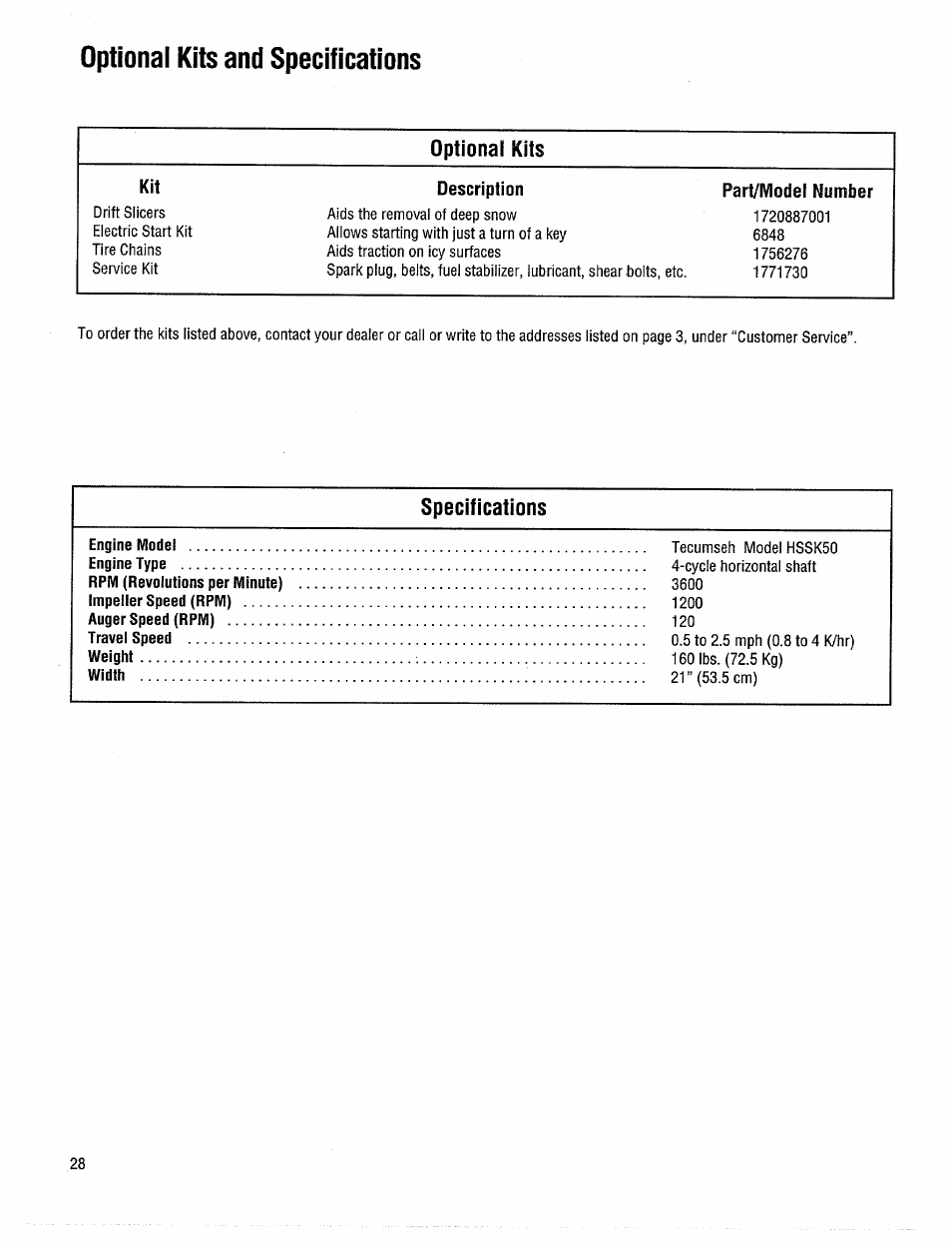 Optional kits and specifications, Optional kits, Specifications | Troy-Bilt 42000 User Manual | Page 28 / 32