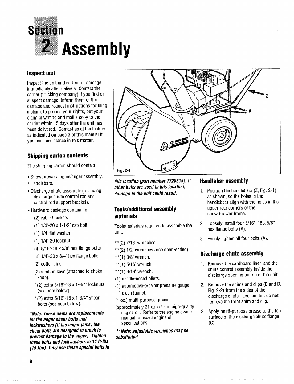 Assembly, Inspect unit, Shipping carton contents | Toois/additionai assembiy materials, Discharge chute assembiy, Tools/additional assembly materials, Discharge chute assembly | Troy-Bilt 42000 User Manual | Page 8 / 32