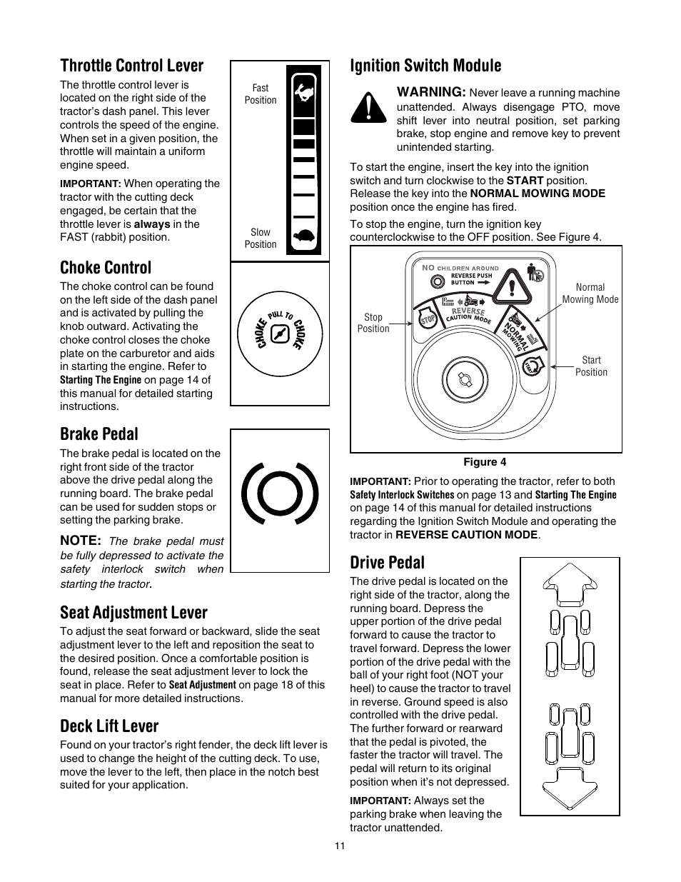 Throttle control lever, Choke control, Brake pedal | Seat adjustment lever, Deck lift lever, Ignition switch module, Drive pedal | Troy-Bilt GT54 User Manual | Page 11 / 40