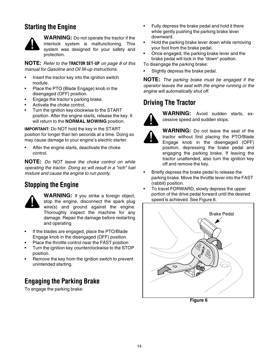 E 14, Starting the engine, Stopping the engine | Engaging the parking brake, Driving the tractor | Troy-Bilt GT54 User Manual | Page 14 / 40