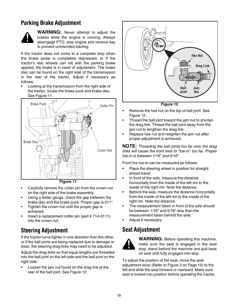 Ge 18, Parking brake adjustment, Steering adjustment | Seat adjustment | Troy-Bilt GT54 User Manual | Page 18 / 40