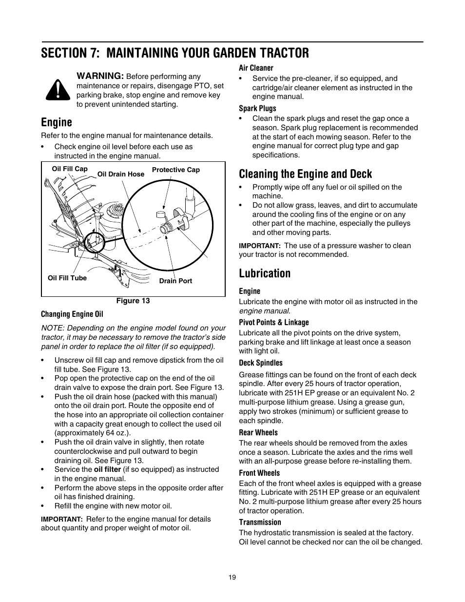 Engine, Cleaning the engine and deck, Lubrication | Troy-Bilt GT54 User Manual | Page 19 / 40