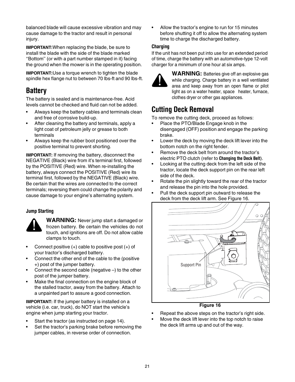 Battery, Cutting deck removal | Troy-Bilt GT54 User Manual | Page 21 / 40