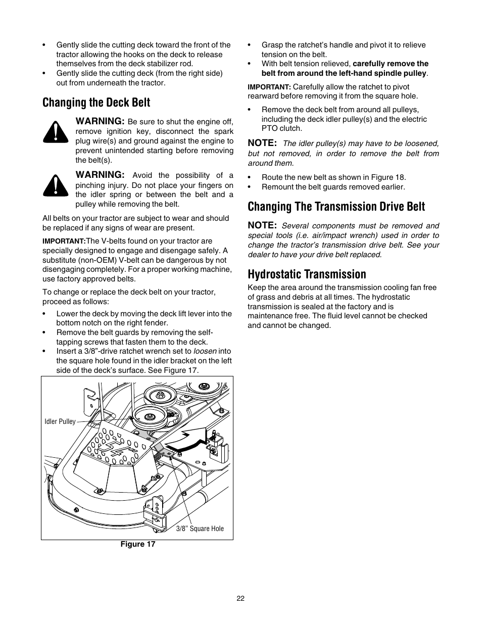 Changing the deck belt, Changing the transmission drive belt, Hydrostatic transmission | Troy-Bilt GT54 User Manual | Page 22 / 40