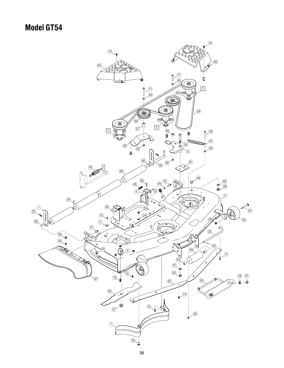 Model gt54, Cb b a a | Troy-Bilt GT54 User Manual | Page 36 / 40