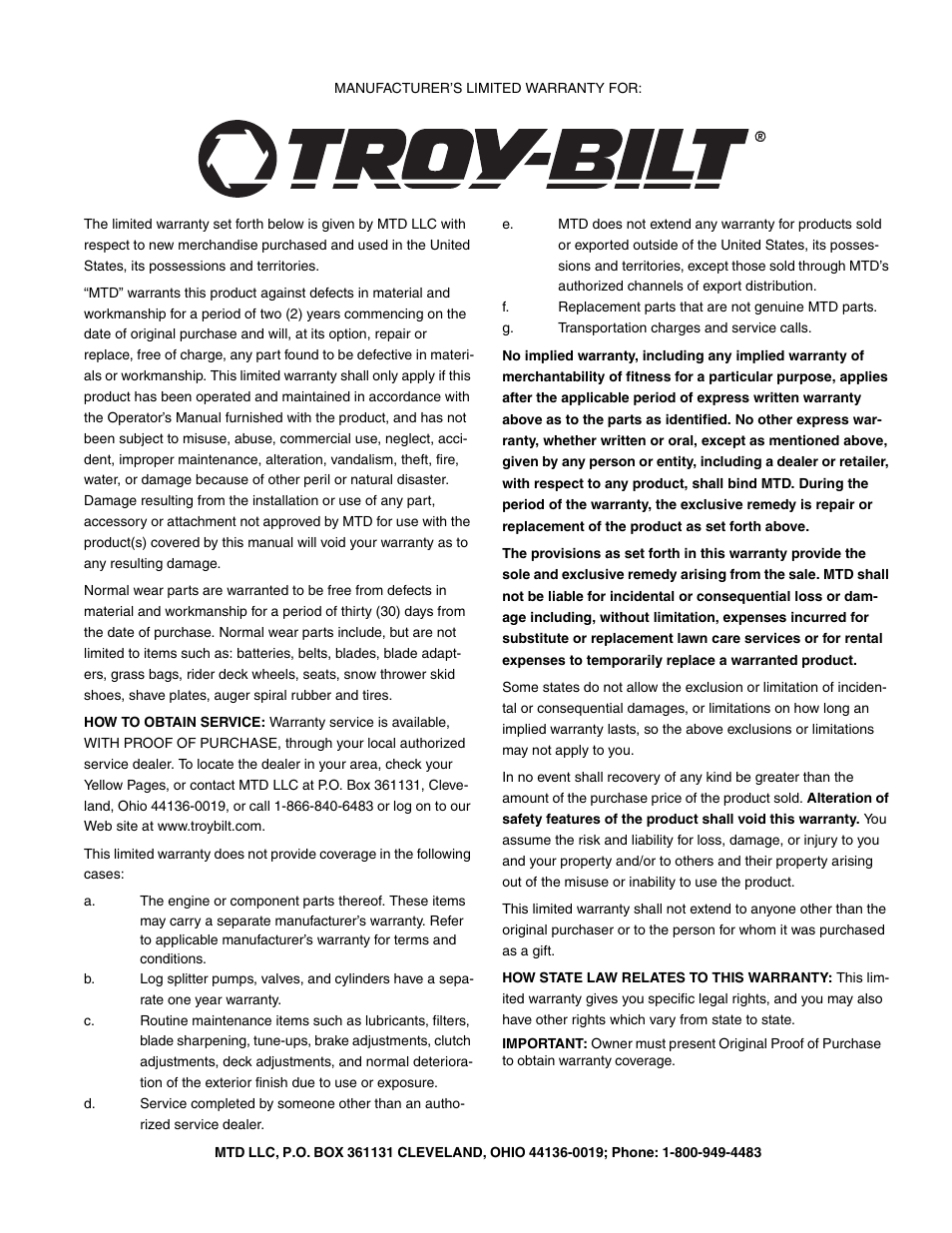 Troy-Bilt GT54 User Manual | Page 40 / 40