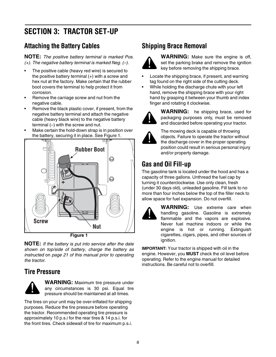 Attaching the battery cables, Tire pressure, Shipping brace removal | Gas and oil fill-up | Troy-Bilt GT54 User Manual | Page 8 / 40
