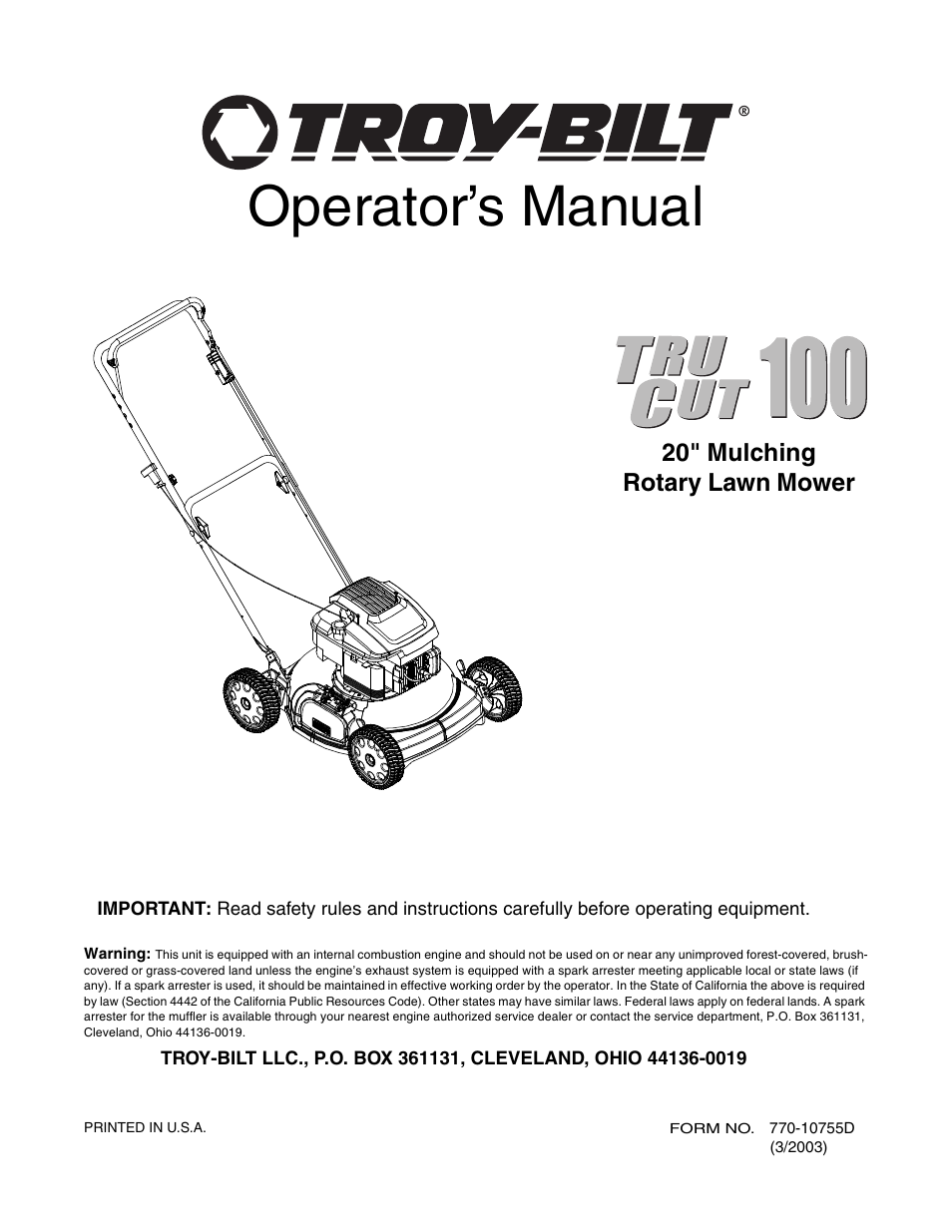 Troy-Bilt TRU CUT 100 User Manual | 16 pages