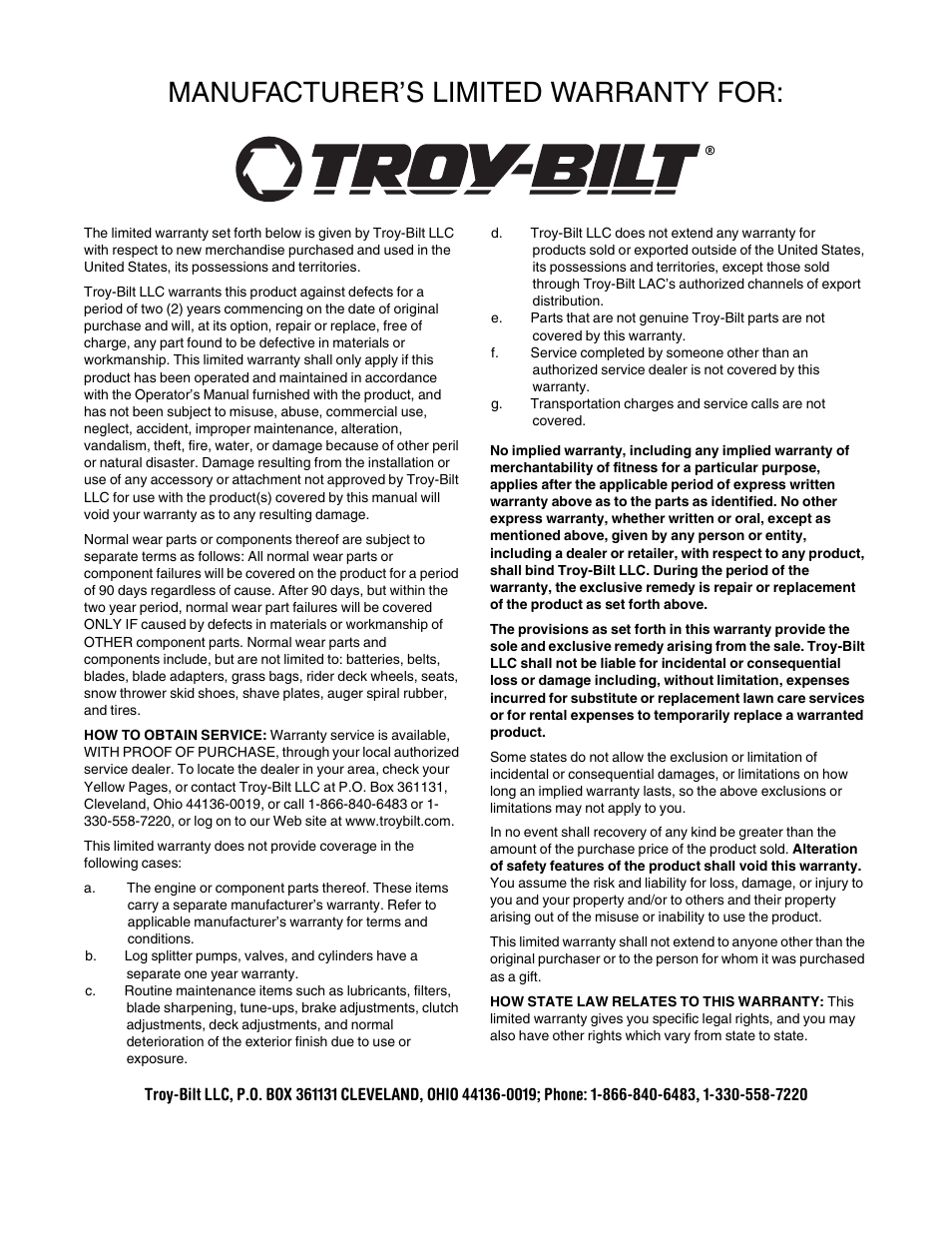 Manufacturer’s limited warranty for | Troy-Bilt TRU CUT 100 User Manual | Page 16 / 16