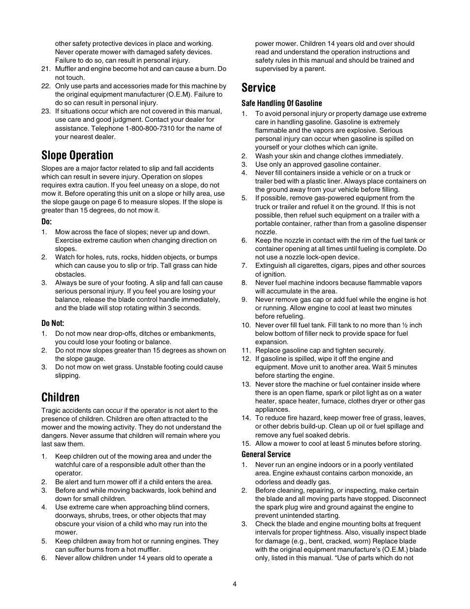 Slope operation, Children, Service | Troy-Bilt TRU CUT 100 User Manual | Page 4 / 16