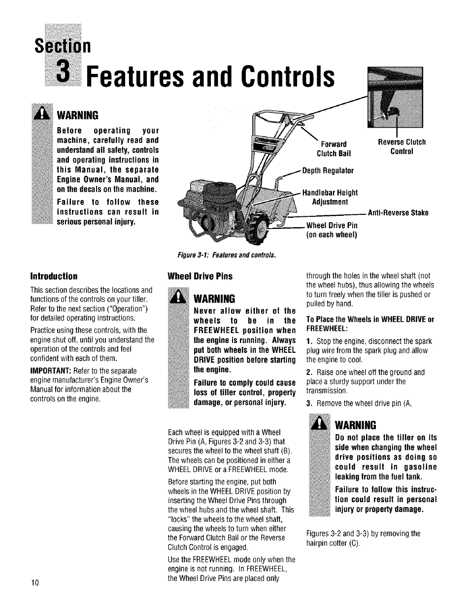 3 features and controls, A warning, Warning | Features and controls | Troy-Bilt 645A User Manual | Page 10 / 36