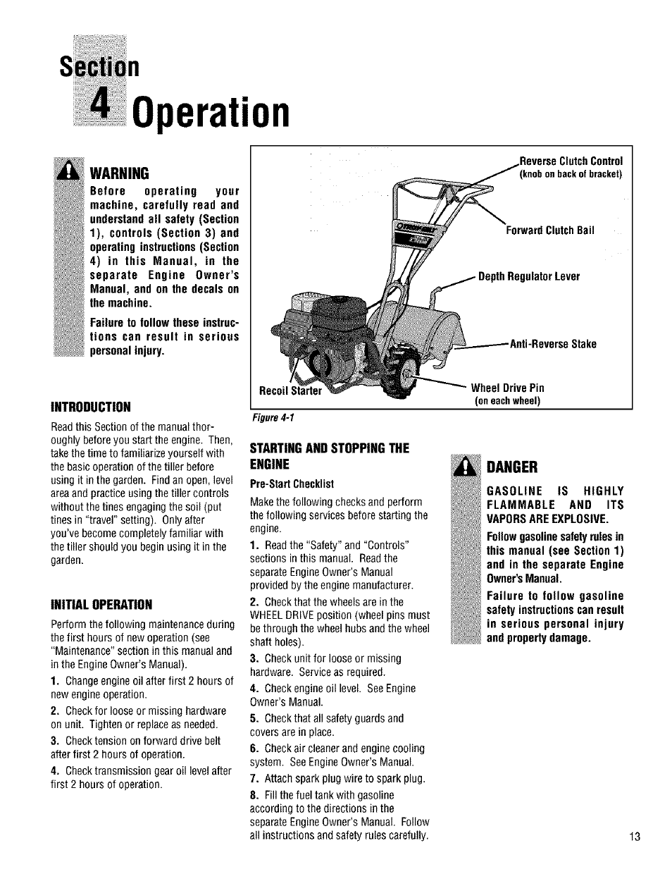 Operation, Warning, Introduction | Initial operation, Starting and stopping the engine, Danger | Troy-Bilt 645A User Manual | Page 13 / 36