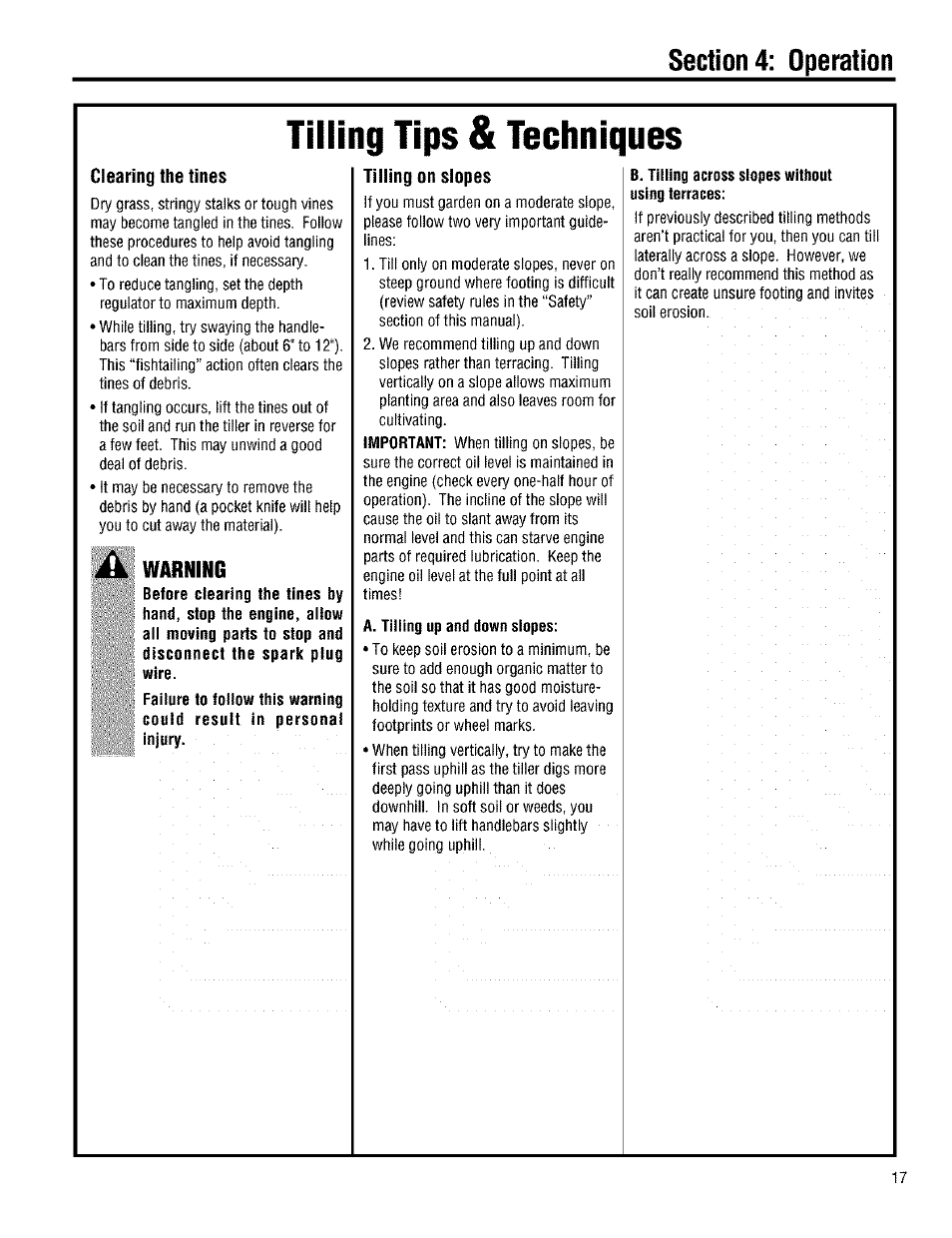 Warning, Tilling tips & techniques, Clearing the tines | Tilling on slopes | Troy-Bilt 645A User Manual | Page 17 / 36