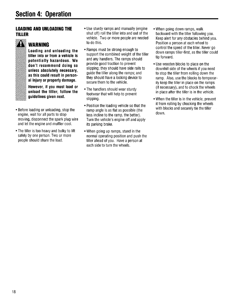 Loading and unloading the tiller, Warning | Troy-Bilt 645A User Manual | Page 18 / 36
