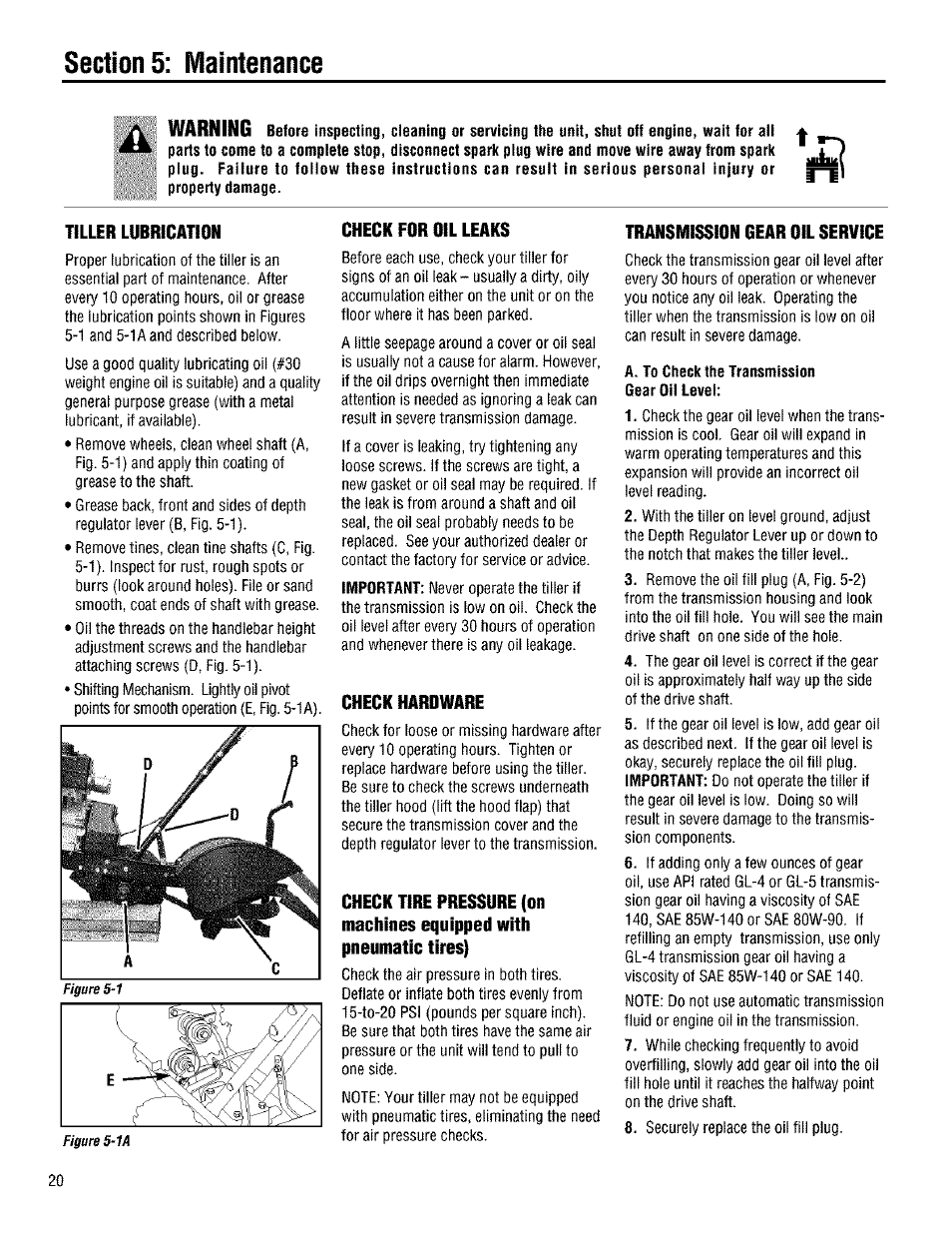 Tiller lubrication, Check for oil leaks, Check hardware | Transmission gear oil service, Warning | Troy-Bilt 645A User Manual | Page 20 / 36