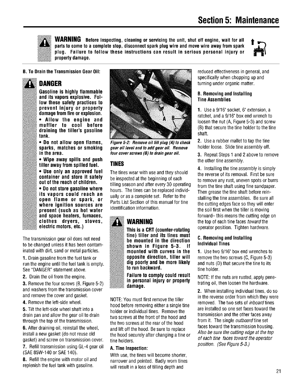 Danger, Tines, Warning | Inboard tlms, Outboardtm | Troy-Bilt 645A User Manual | Page 21 / 36