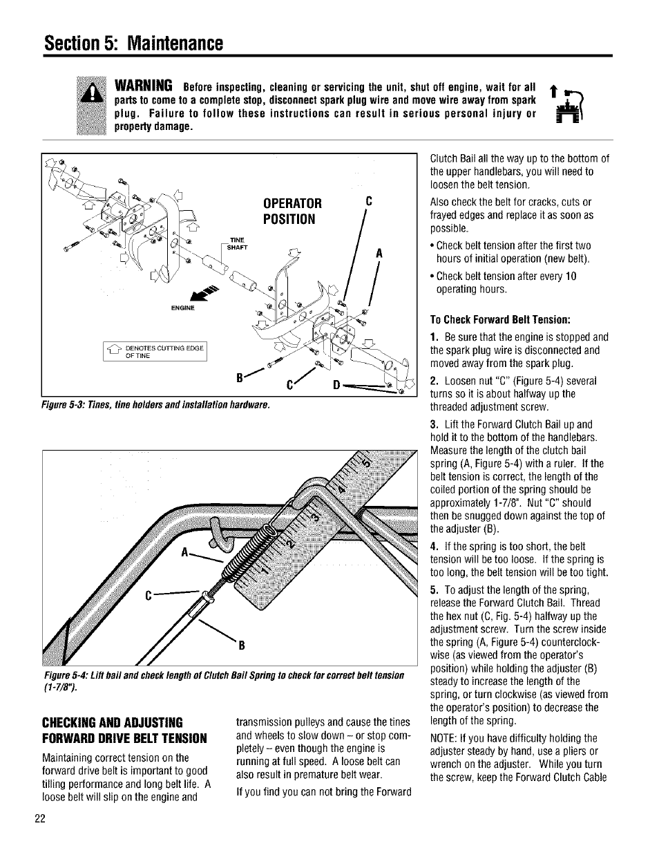 Checking and adjusting forward drive belt tension, Warning | Troy-Bilt 645A User Manual | Page 22 / 36