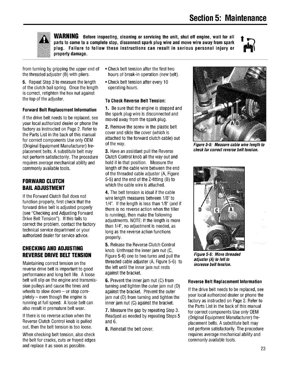 Forward clutch bail adjustment, Checking and adjusting reverse drive belt tension, Warning | Troy-Bilt 645A User Manual | Page 23 / 36