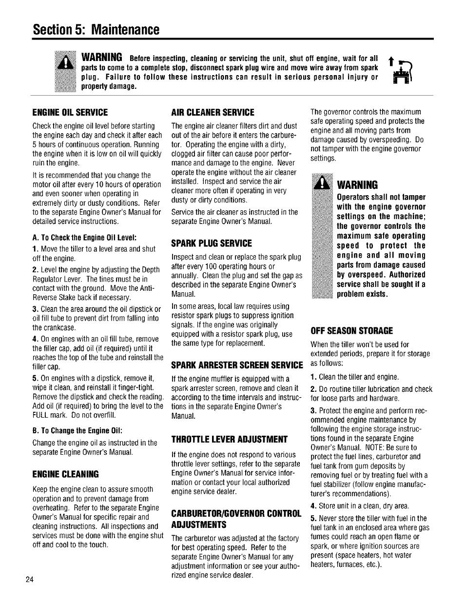 Warning | Troy-Bilt 645A User Manual | Page 24 / 36
