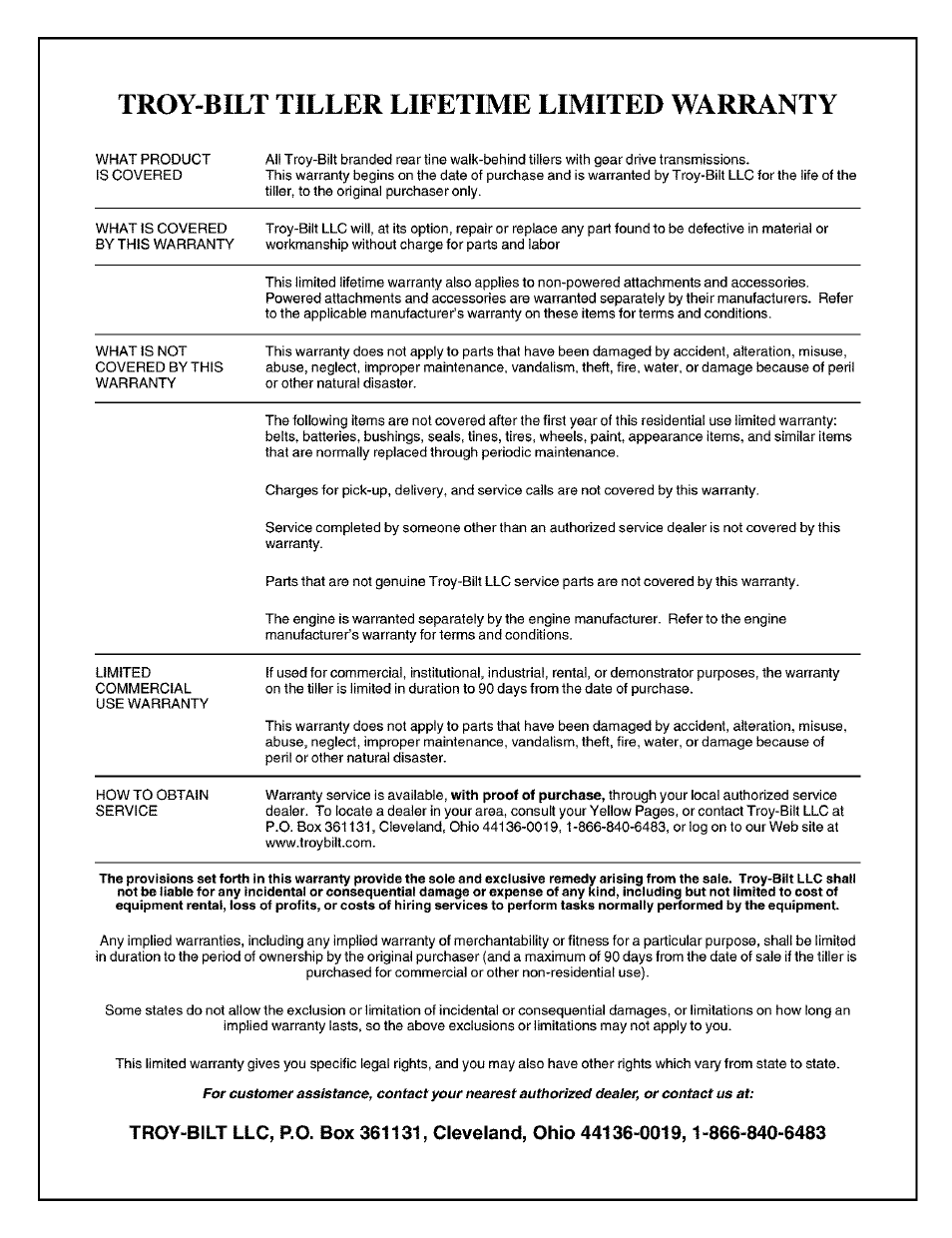 Troy-bilt tiller lifetime limited warranty | Troy-Bilt 645A User Manual | Page 36 / 36