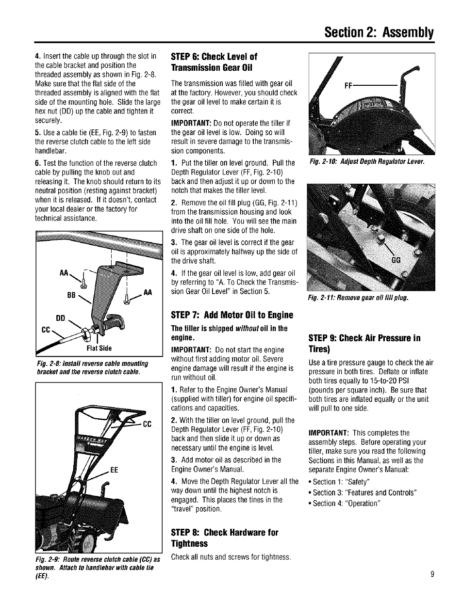 Step 6: check level of transmission gear oil, Step 7i add motor oil to engine, Step 8: check hardware for tightness | Step 9: check air pressure in tires), Withouto | Troy-Bilt 645A User Manual | Page 9 / 36