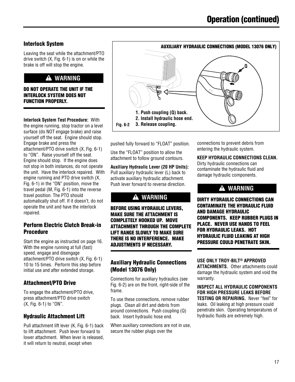 Operation (continued), Warning | Troy-Bilt 13101 - GTX 16 User Manual | Page 17 / 28