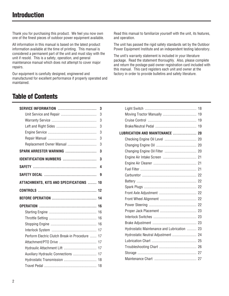 Introduction table of contents | Troy-Bilt 13101 - GTX 16 User Manual | Page 2 / 28