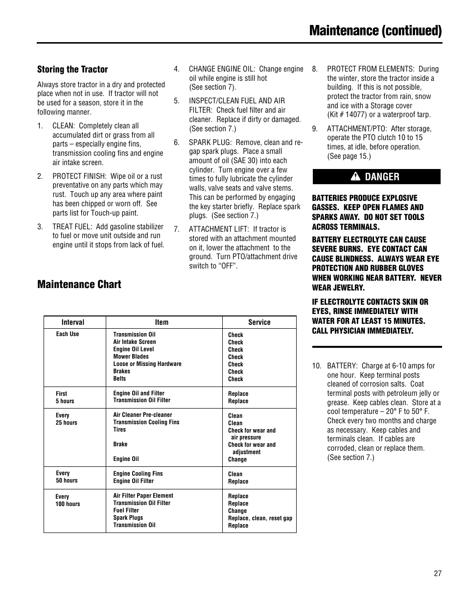 Maintenance (continued), Maintenance chart, Danger | Storing the tractor | Troy-Bilt 13101 - GTX 16 User Manual | Page 27 / 28