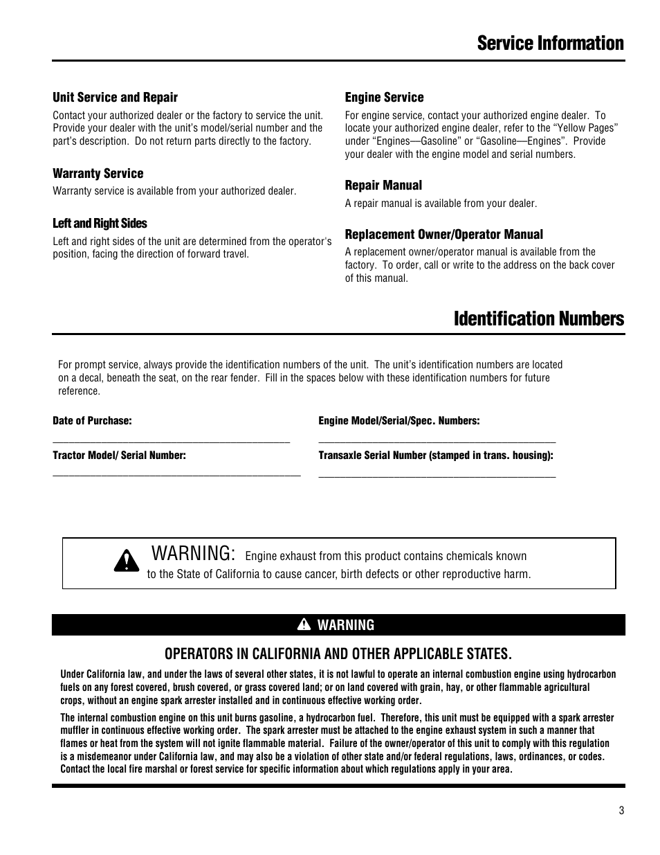 Warning, Identification numbers, Service information | Troy-Bilt 13101 - GTX 16 User Manual | Page 3 / 28