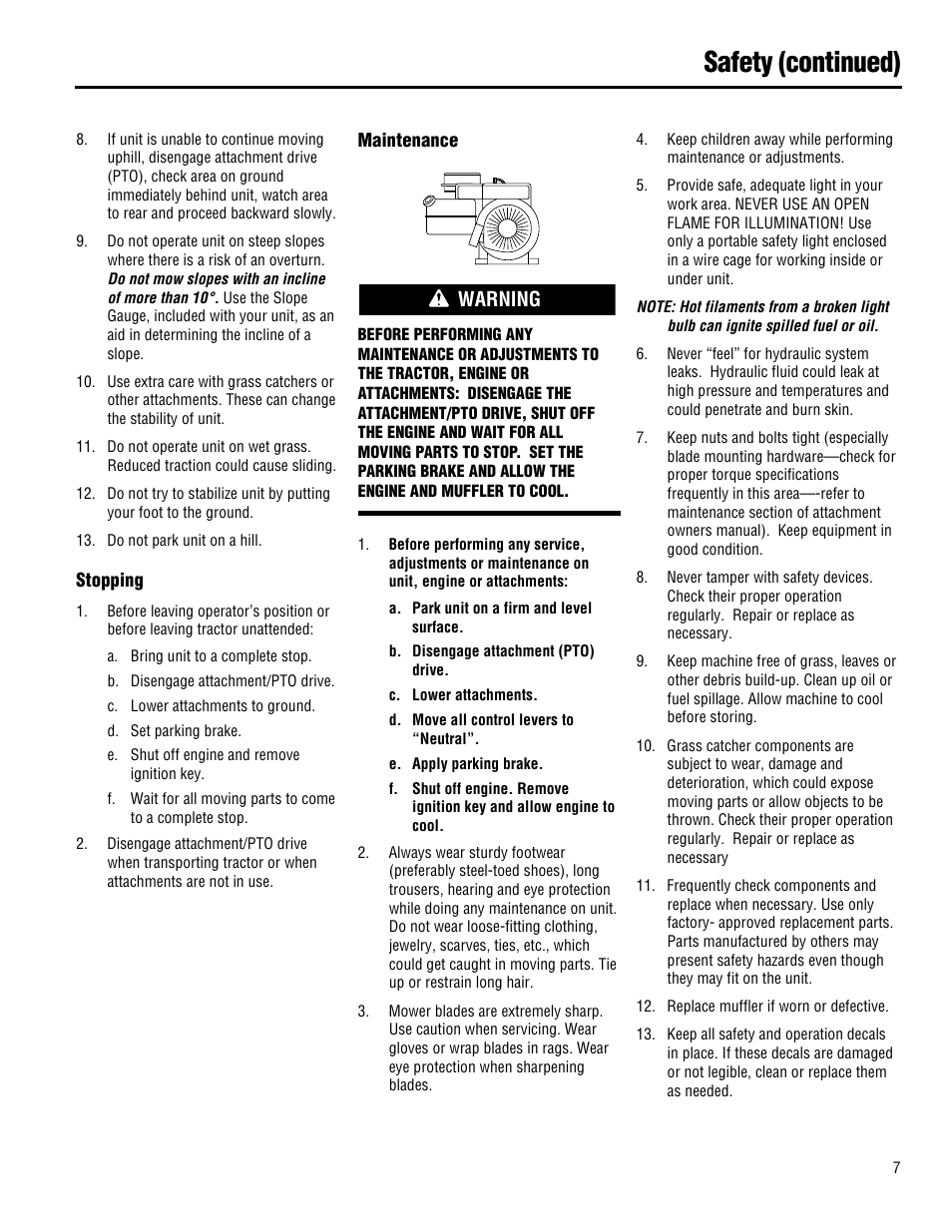 Safety (continued), Warning | Troy-Bilt 13101 - GTX 16 User Manual | Page 7 / 28
