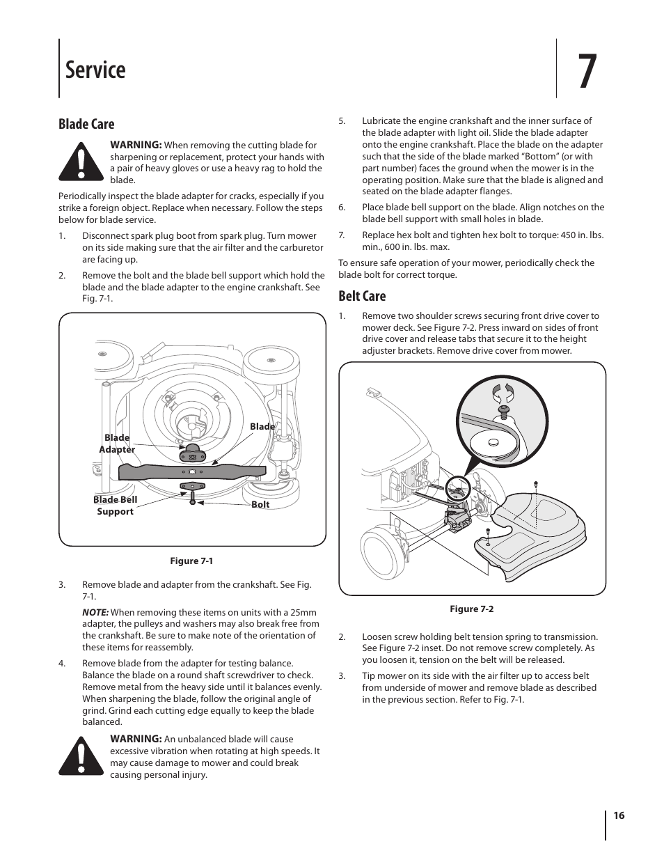 Service, Belt care, Blade care | Troy-Bilt 460 User Manual | Page 16 / 44