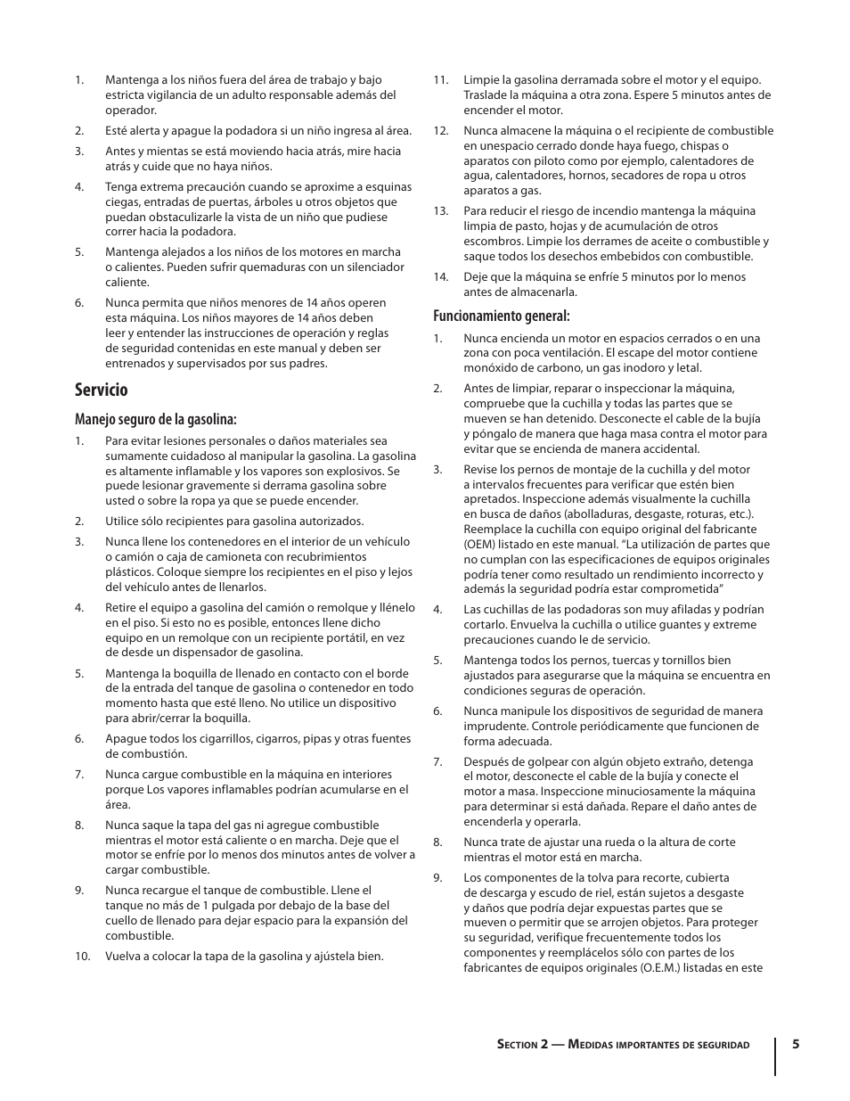 Servicio, Manejo seguro de la gasolina, Funcionamiento general | Troy-Bilt 460 User Manual | Page 29 / 44