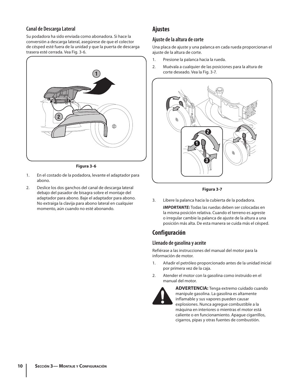 Ajustes, Configuración | Troy-Bilt 460 User Manual | Page 34 / 44