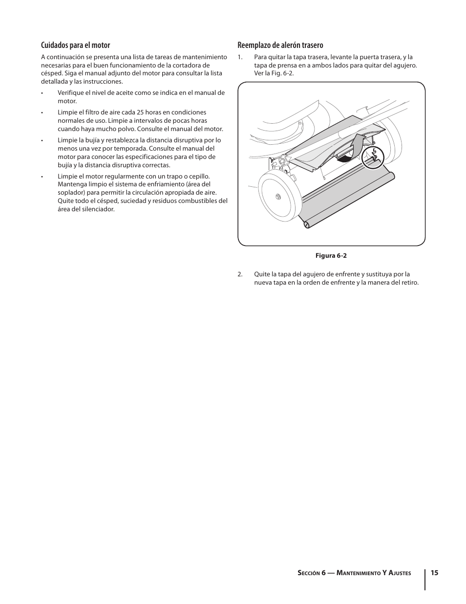 Reemplazo de alerón trasero, Cuidados para el motor | Troy-Bilt 460 User Manual | Page 39 / 44