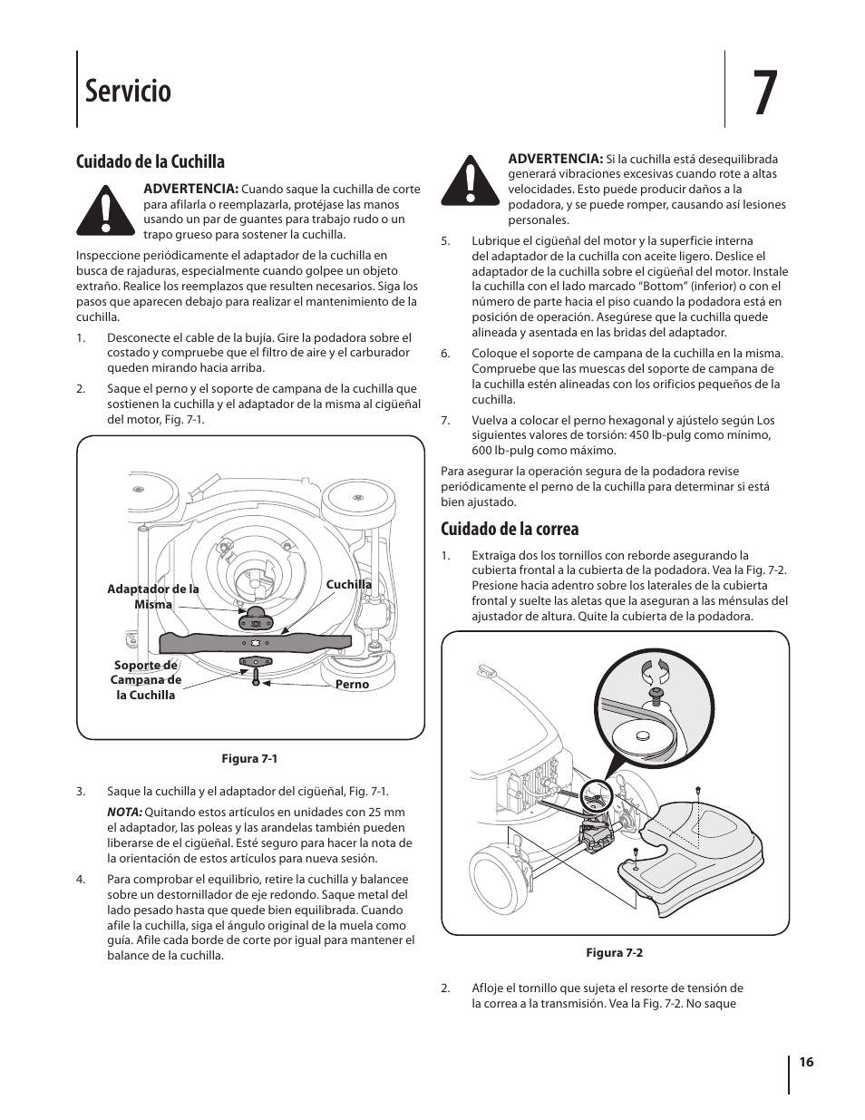 Servicio, Cuidado de la correa, Cuidado de la cuchilla | Troy-Bilt 460 User Manual | Page 40 / 44