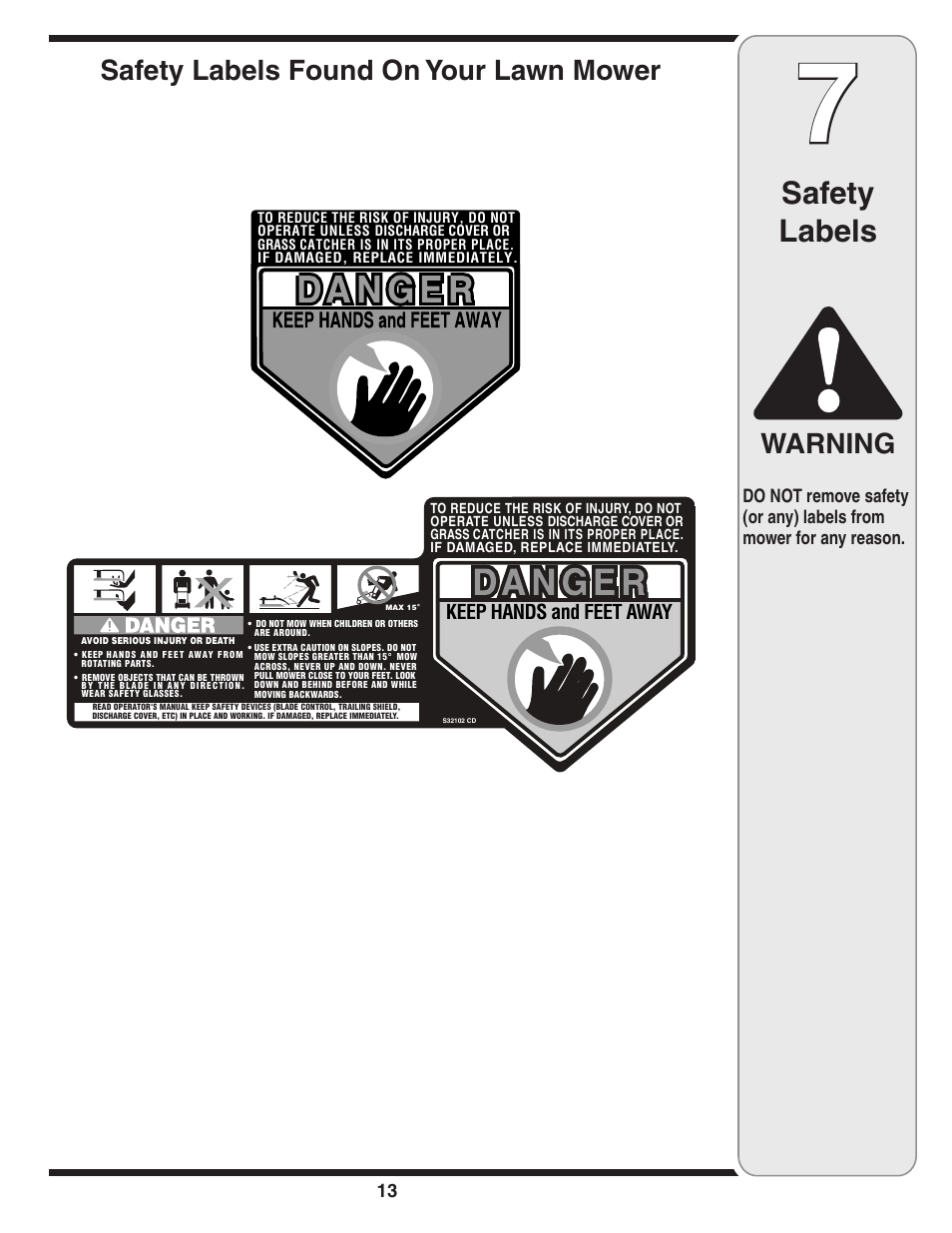 Safety labels, Warning, Safety labels found on your lawn mower | Troy-Bilt Series 540 User Manual | Page 13 / 16