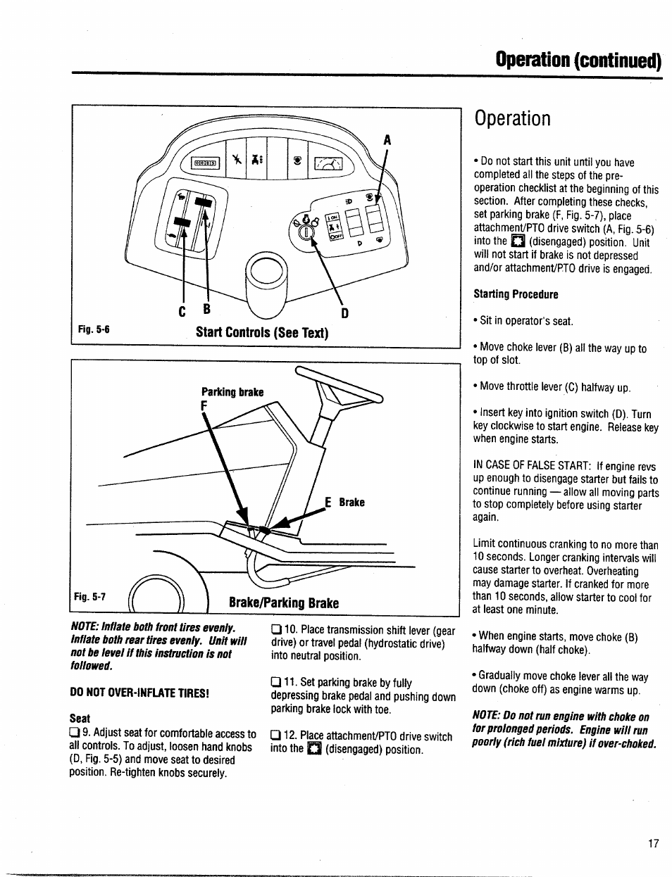 00 not over-inflate tires, Seat, Starting procedure | Operation (continued), Operation | Troy-Bilt 13034 User Manual | Page 17 / 36