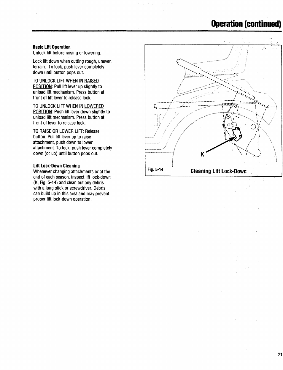 Basic lift operation, Lift lock-down cleaning, Operation (continued) | Troy-Bilt 13034 User Manual | Page 21 / 36