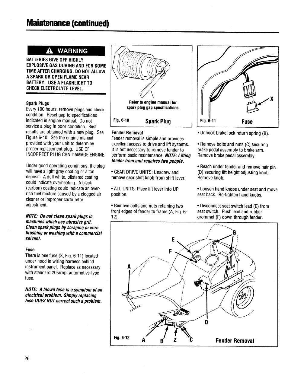 A warning, Spark plugs, Fuse | Fender removal, Maintenance (continued) | Troy-Bilt 13034 User Manual | Page 26 / 36