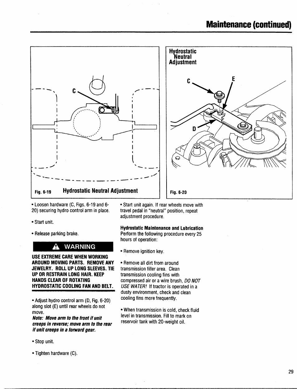 Hydrostatic, Iieutral, Adjustment | A warning, Hydrostatic maintenance and lubrication, Maintenance (continued) | Troy-Bilt 13034 User Manual | Page 29 / 36