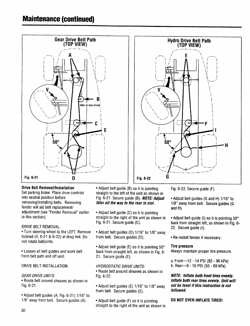 Gear drive belt path (top view), Hydro drive belt path (top view), Drive belt removal/lnstallation | Tire pressure, Do not over-inflate tires, Hood removal/lnstallation, Maintenance (continued) | Troy-Bilt 13034 User Manual | Page 30 / 36