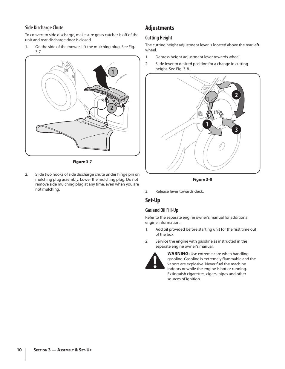 Adjustments, Set-up | Troy-Bilt J830 User Manual | Page 10 / 48