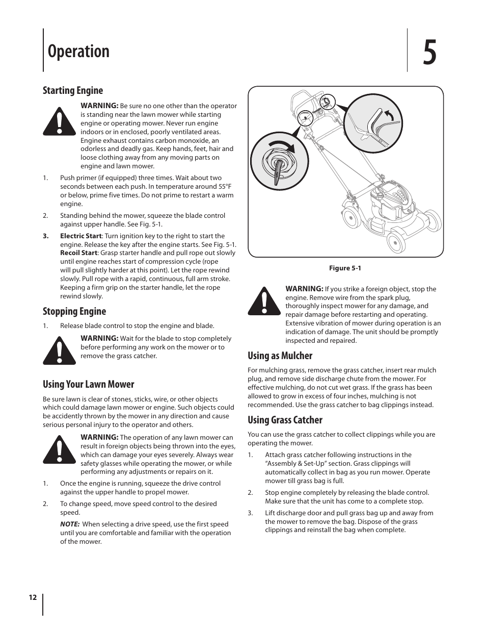 Operation, Starting engine, Stopping engine | Using your lawn mower, Using as mulcher, Using grass catcher | Troy-Bilt J830 User Manual | Page 12 / 48
