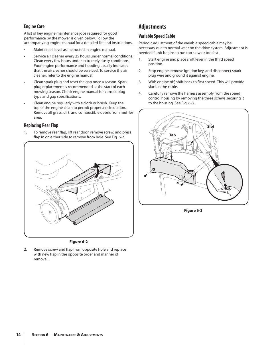 Adjustments, Engine care, Replacing rear flap | Variable speed cable | Troy-Bilt J830 User Manual | Page 14 / 48